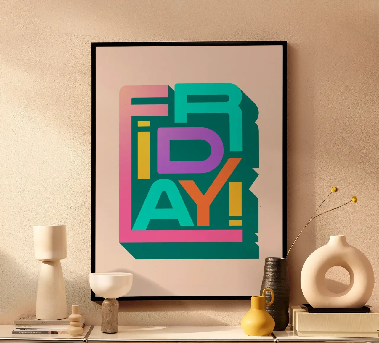 Friday Retro Typography Arte murale colorata e divertente poster con telaio in legno da showmemars