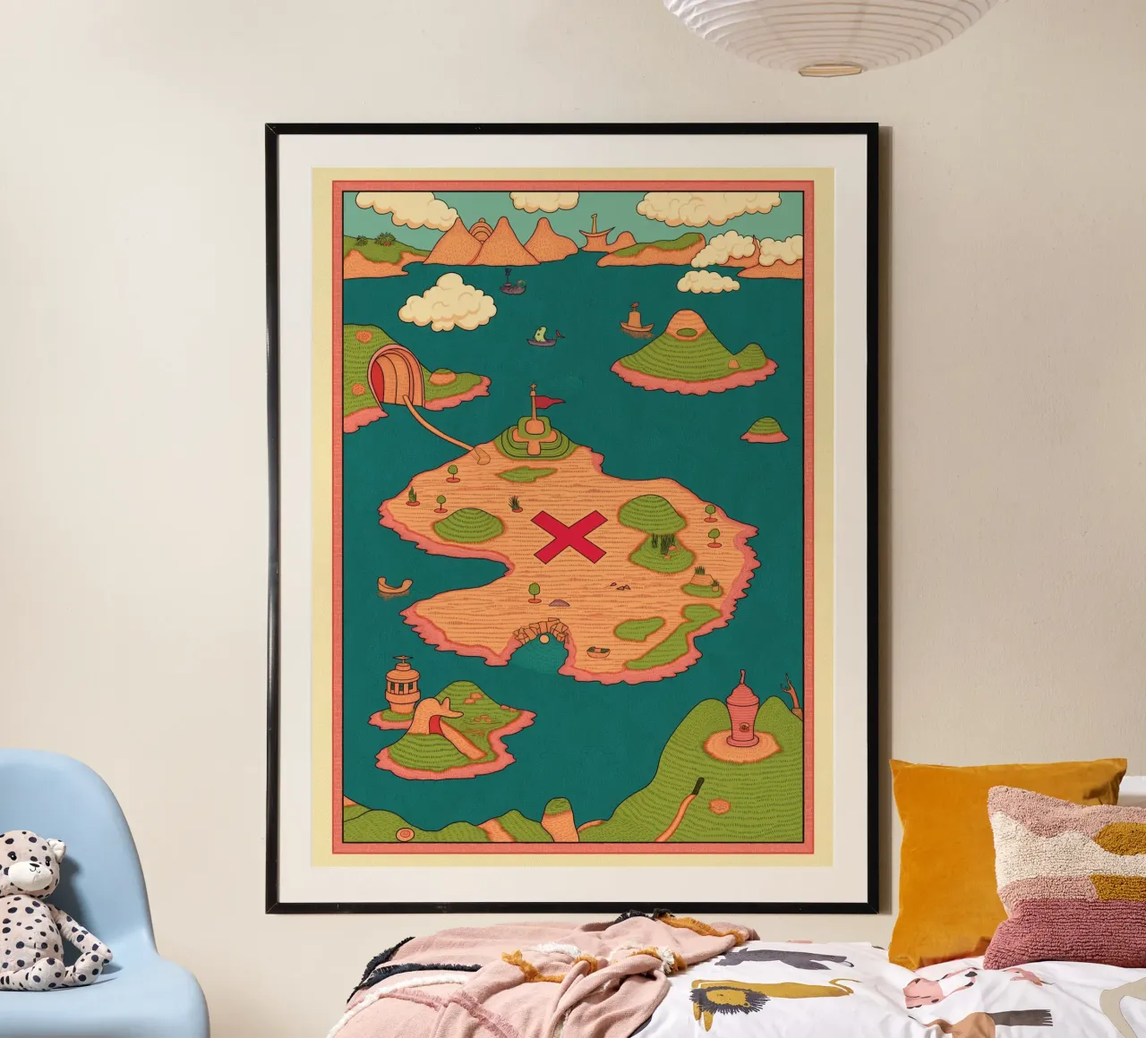Carino e stravagante, mappa del tesoro per bambini, compleanno pirata e avventura poster con telaio in legno da Kaji