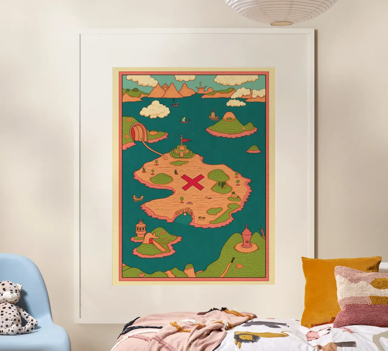 Carino e stravagante, mappa del tesoro per bambini, compleanno pirata e avventura poster con telaio in legno da Kaji