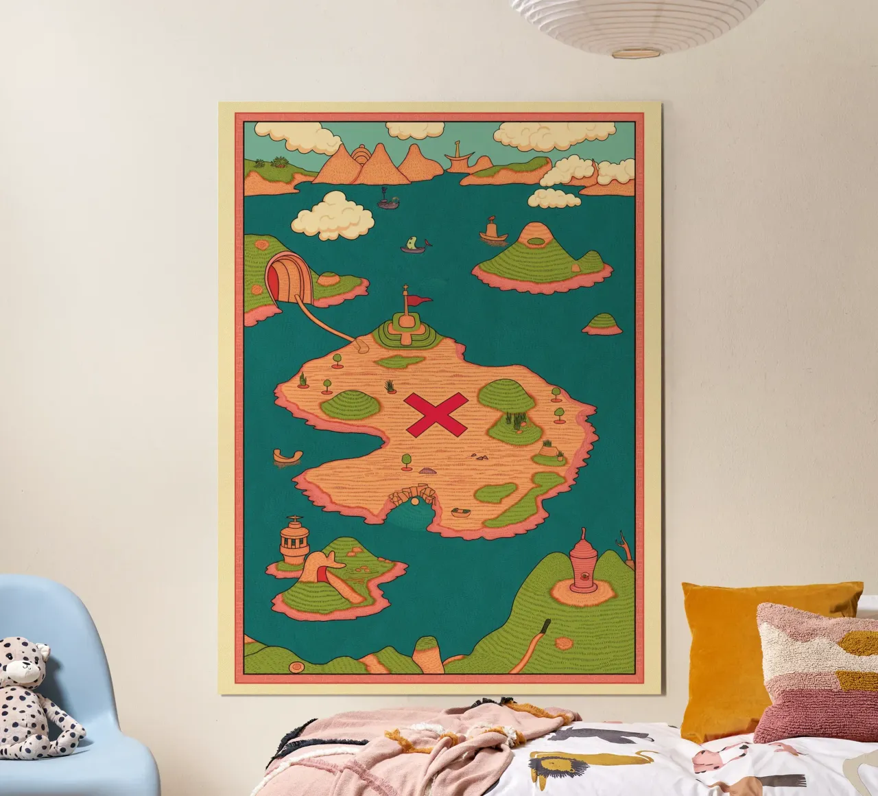 Carino e stravagante, mappa del tesoro per bambini, compleanno pirata e avventura poster con telaio in legno da Kaji