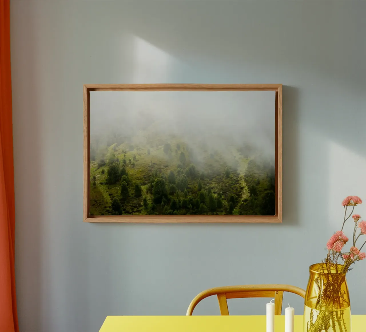 Whispers of spring, a misty mountain slope canvas with Floater frame by karijn_landscapes