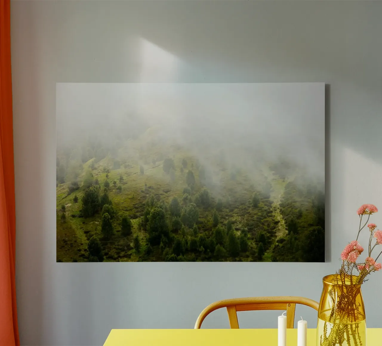 Whispers of spring, a misty mountain slope canvas with Floater frame by karijn_landscapes