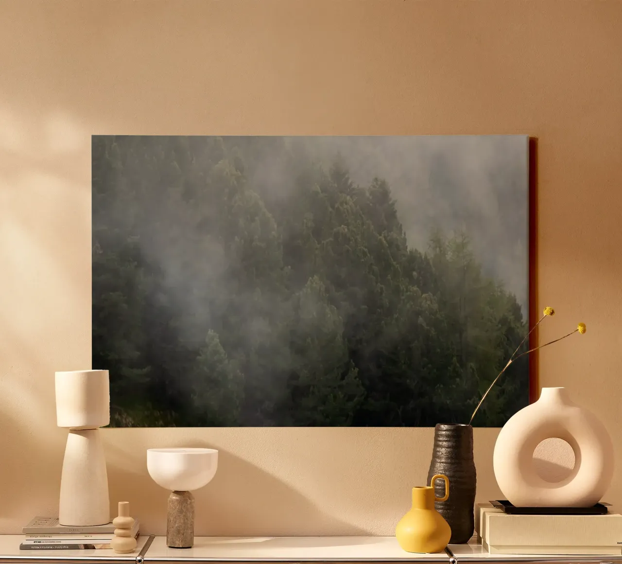 Mist and pines, a spring awakening canvas by karijn_landscapes