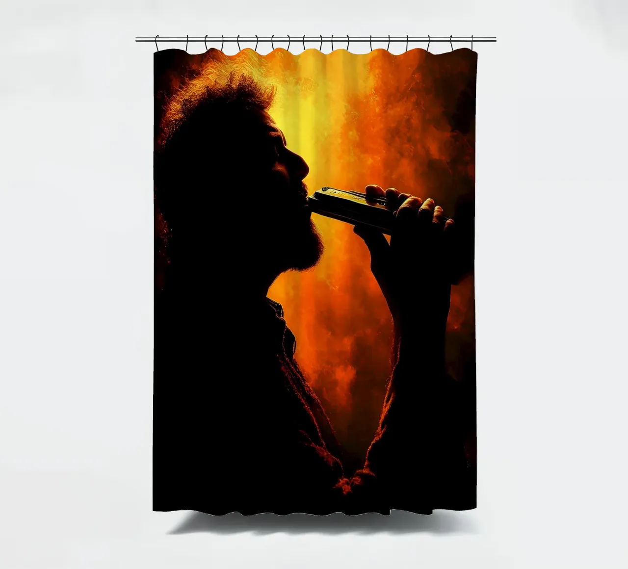 Silhouette di un suonatore di armonica tenda da doccia da Musictime