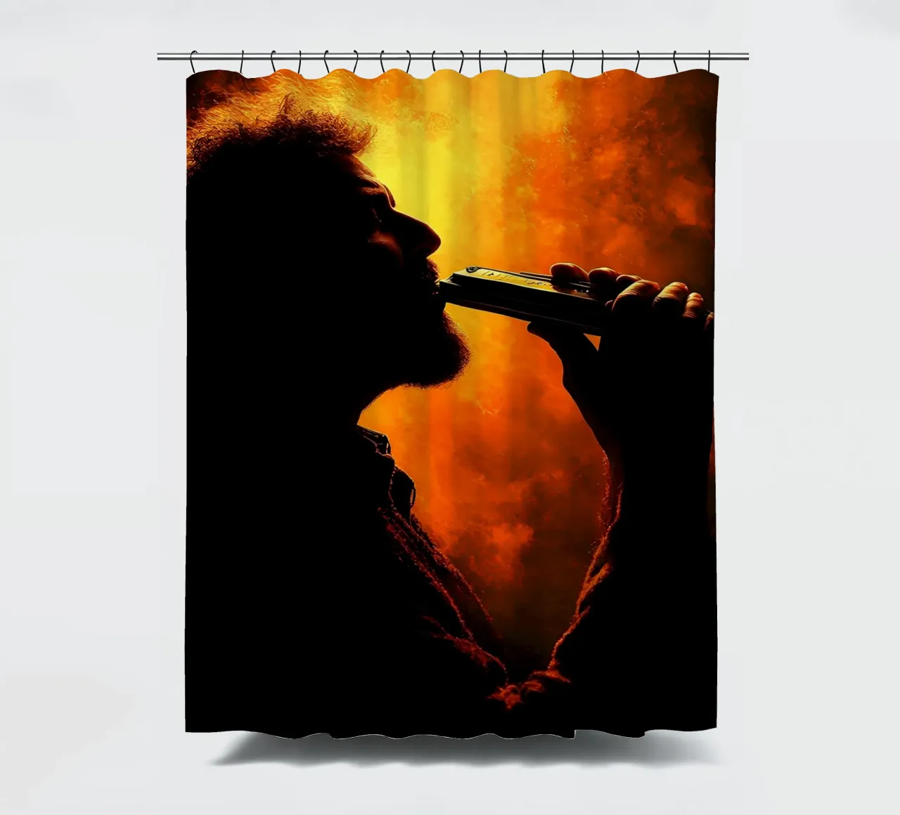 Silhouette di un suonatore di armonica tenda da doccia da Musictime