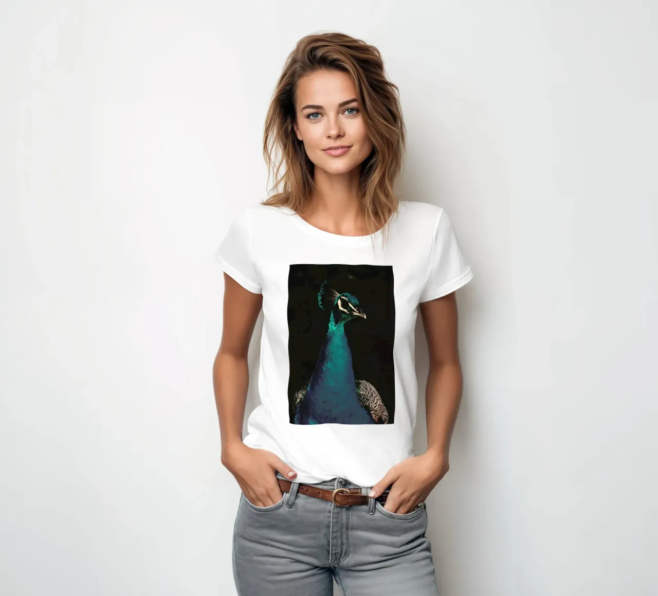 Peacock And Proud women's fitted t-shirt by Ingrid Beddoes