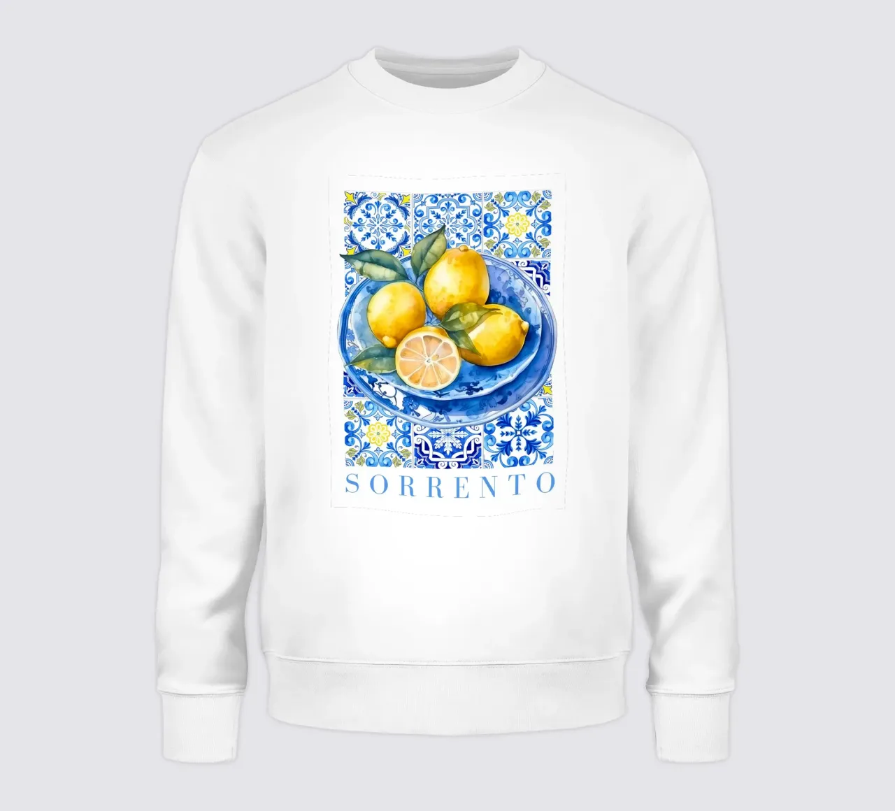 Zitrone Blau Kachel Poster, Zitrone Druck, Italien Kunstdruck Sweatshirt von Bella Studio