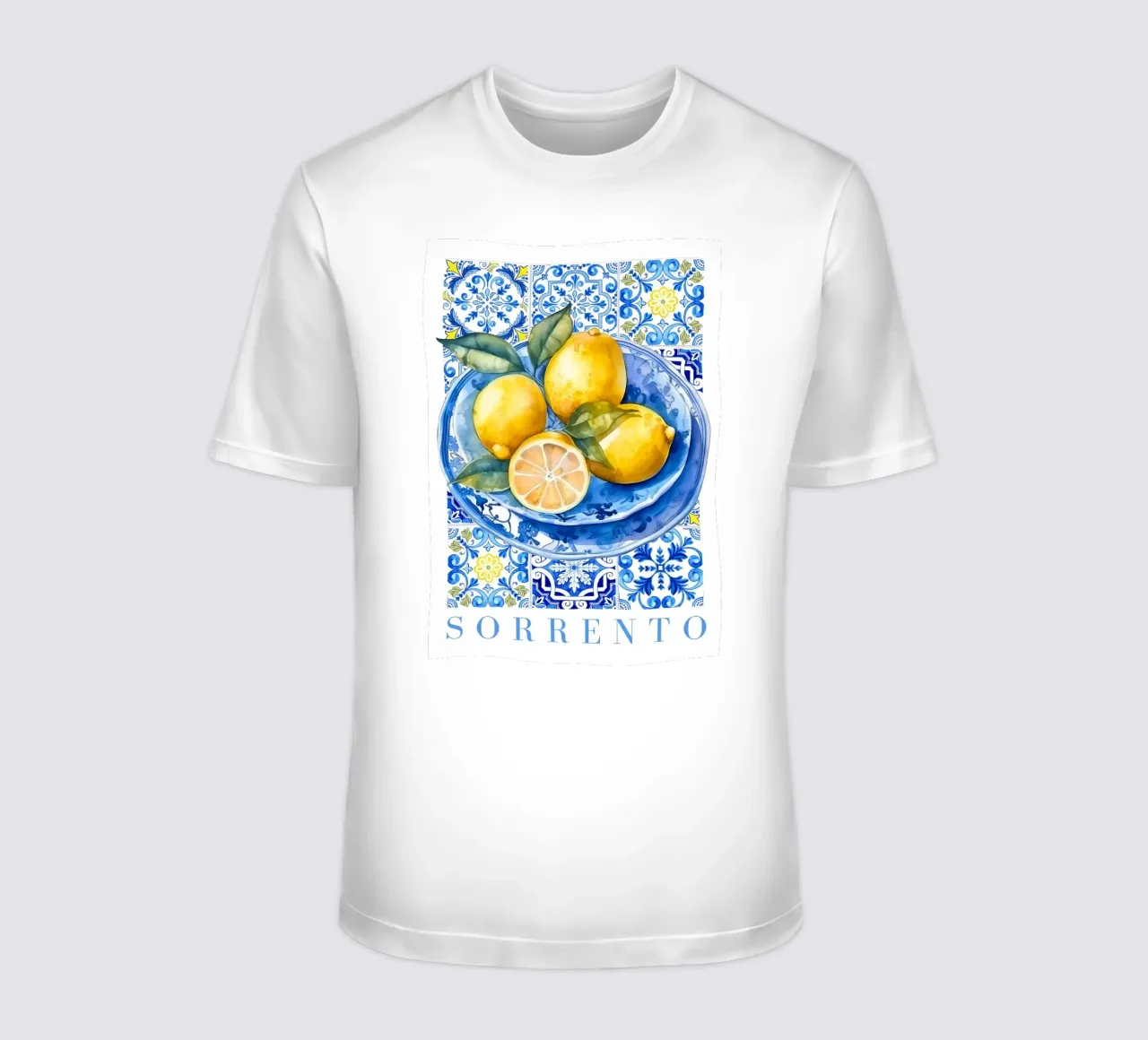 Zitrone Blau Kachel Poster, Zitrone Druck, Italien Kunstdruck T-Shirt von Bella Studio