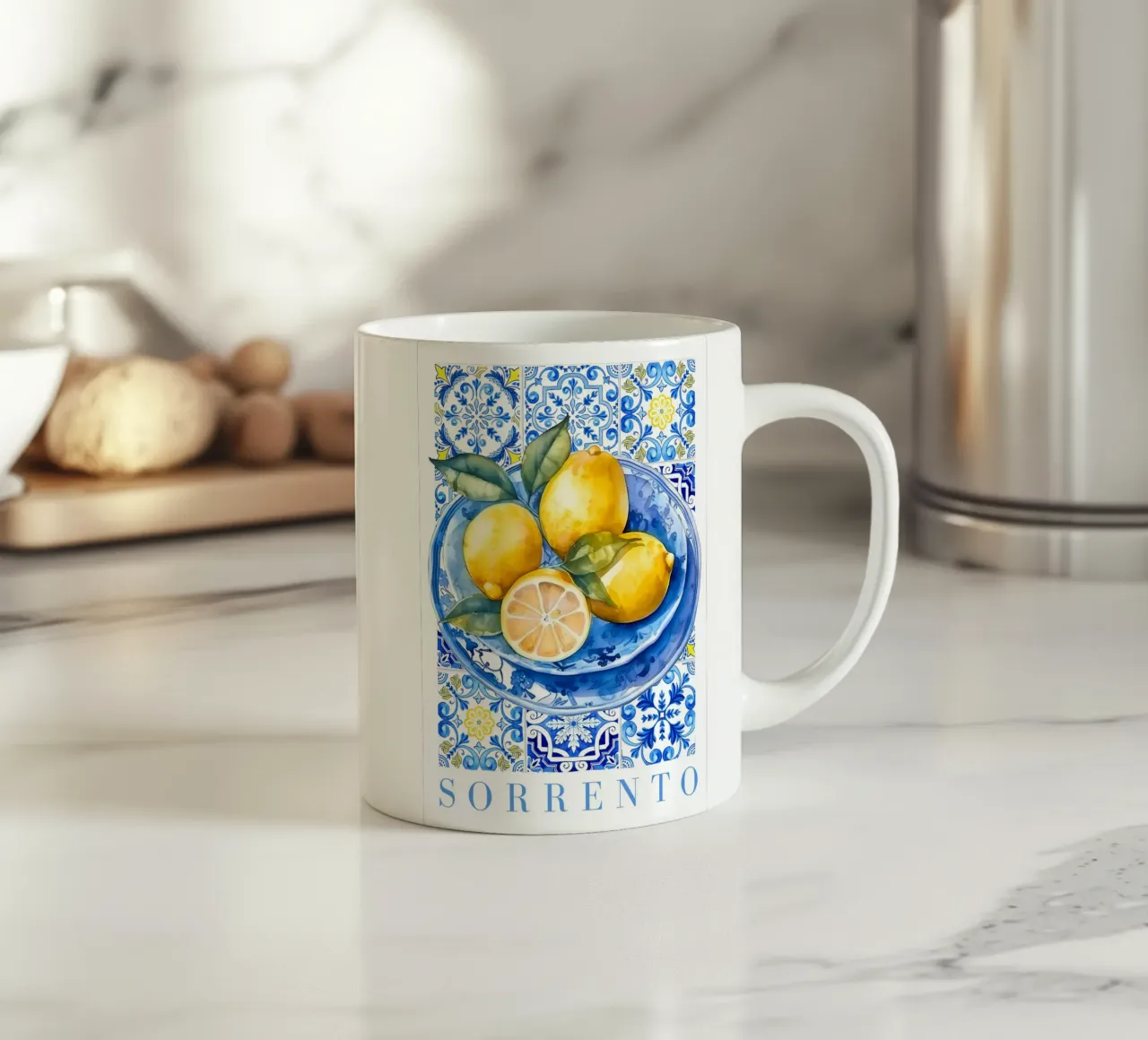 Zitrone Blau Kachel Poster, Zitrone Druck, Italien Kunstdruck Keramik Tasse von Bella Studio