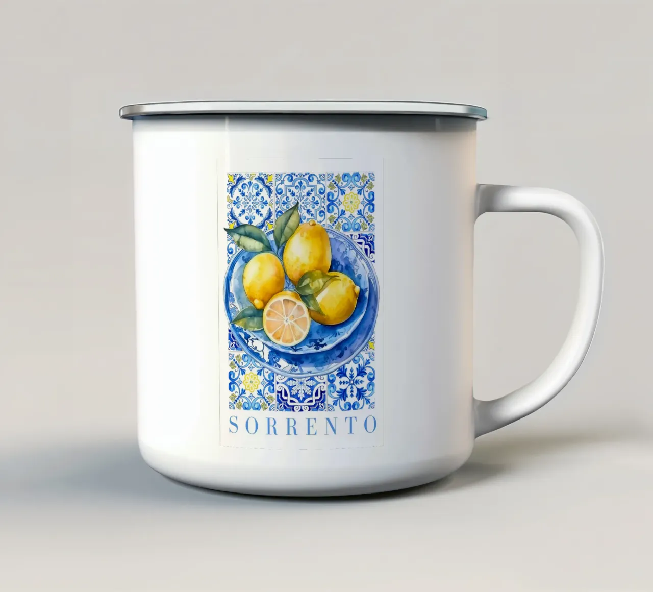 Zitrone Blau Kachel Poster, Zitrone Druck, Italien Kunstdruck Emaille Tasse von Bella Studio