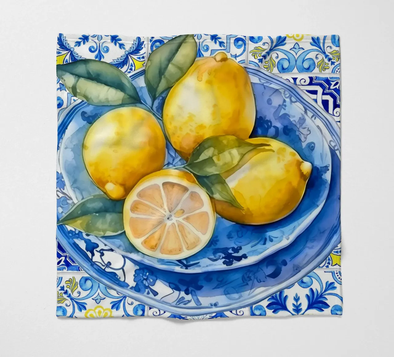 Zitrone Blau Kachel Poster, Zitrone Druck, Italien Kunstdruck Fleecedecke von Bella Studio