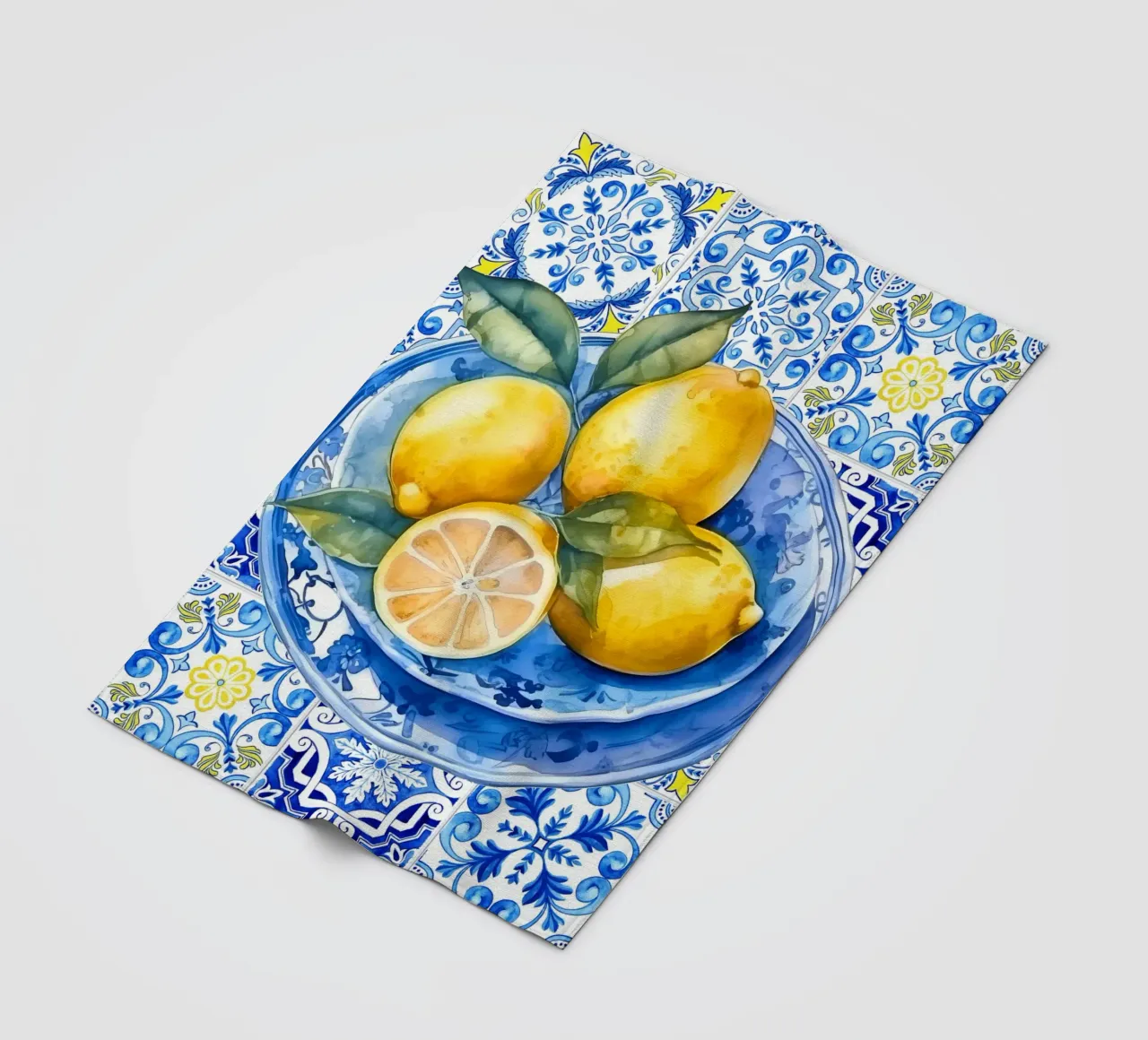 Zitrone Blau Kachel Poster, Zitrone Druck, Italien Kunstdruck Fleecedecke von Bella Studio