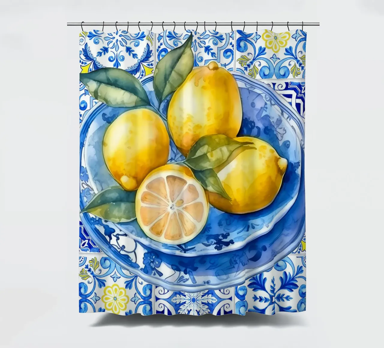 Zitrone Blau Kachel Poster, Zitrone Druck, Italien Kunstdruck Duschvorhang von Bella Studio