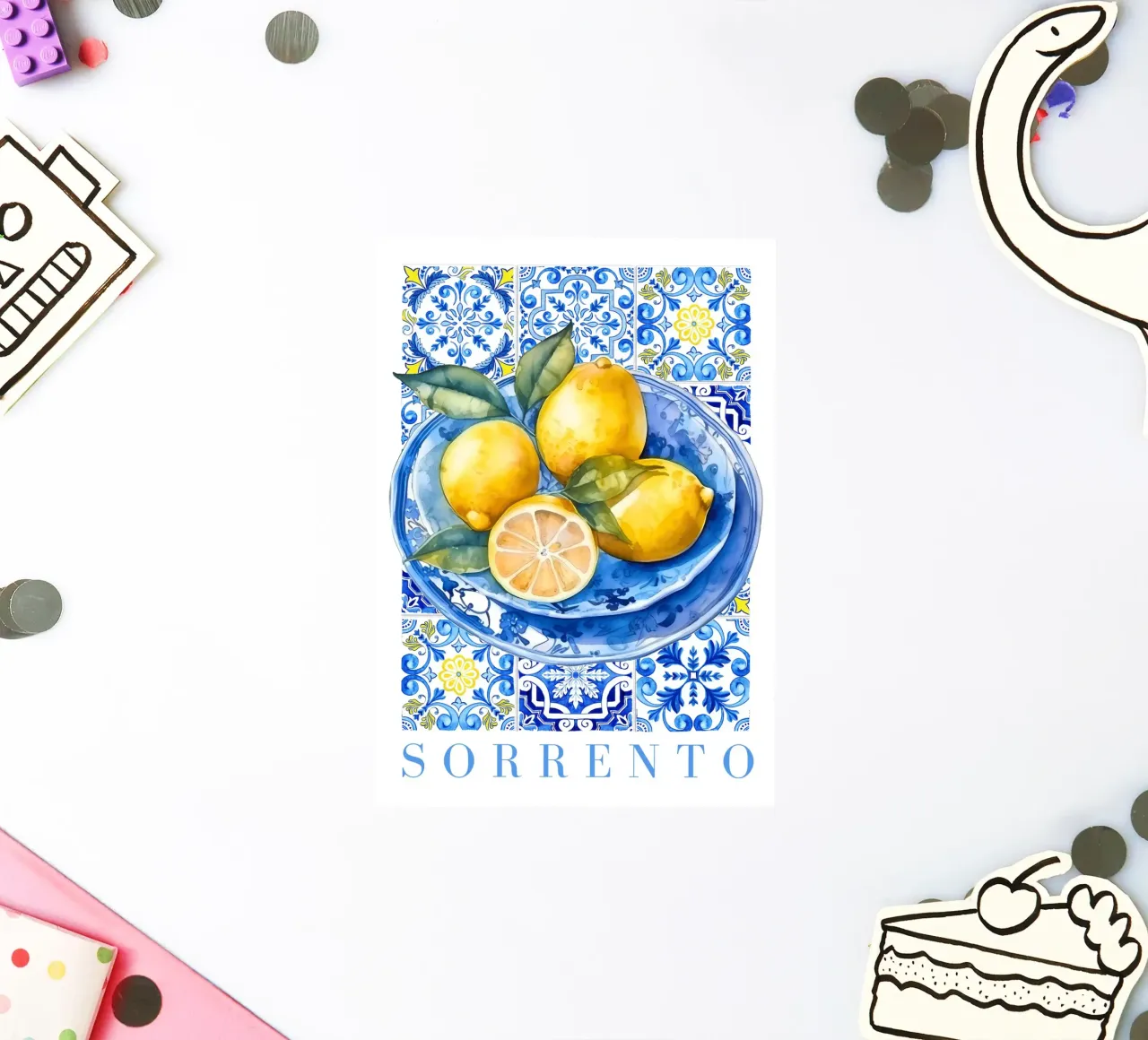 Lemon Blue Tile Poster, Lemon Print, Italy Art Print sticker by Bella Studio