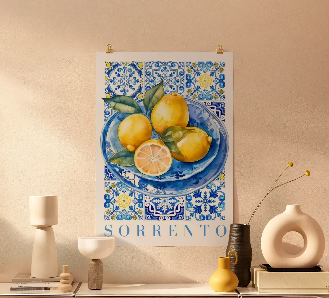 Zitrone Blau Kachel Poster, Zitrone Druck, Italien Kunstdruck Hahnemühle von Bella Studio