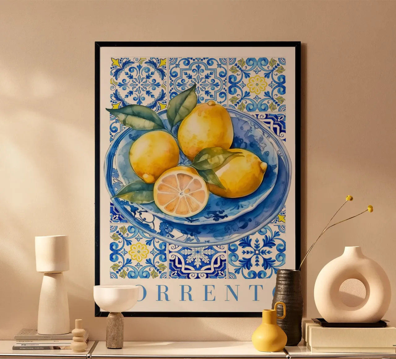 Zitrone Blau Kachel Poster, Zitrone Druck, Italien Kunstdruck Hahnemühle von Bella Studio