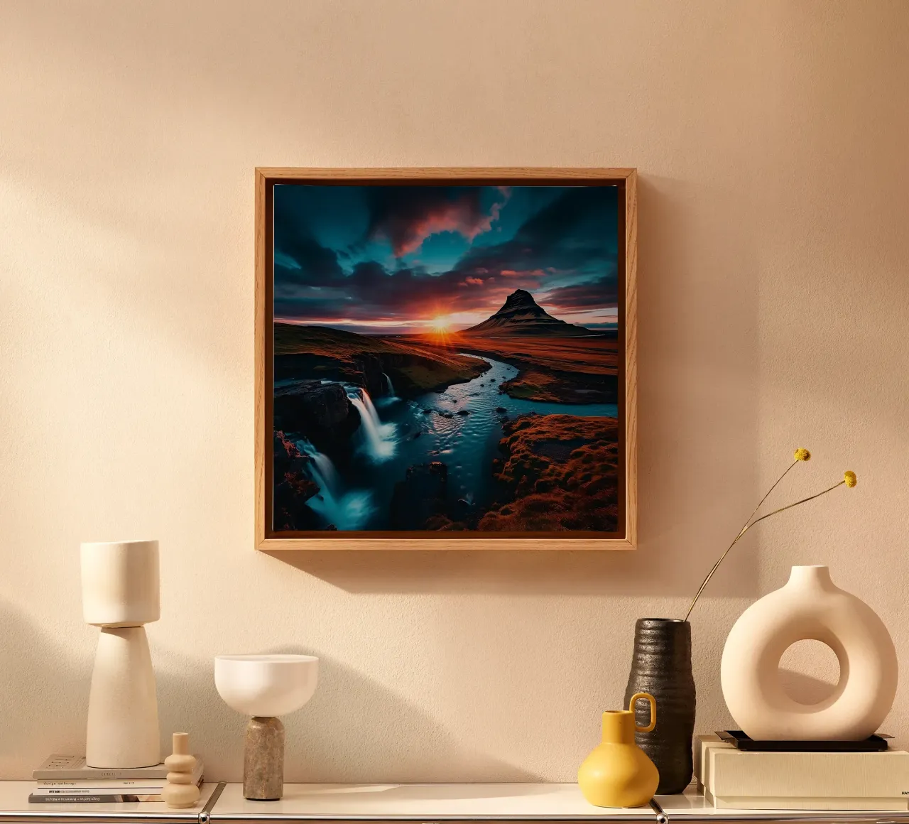 Paisaje islandés al atardecer lienzo con Marco flotante de PhotoVibe Decor