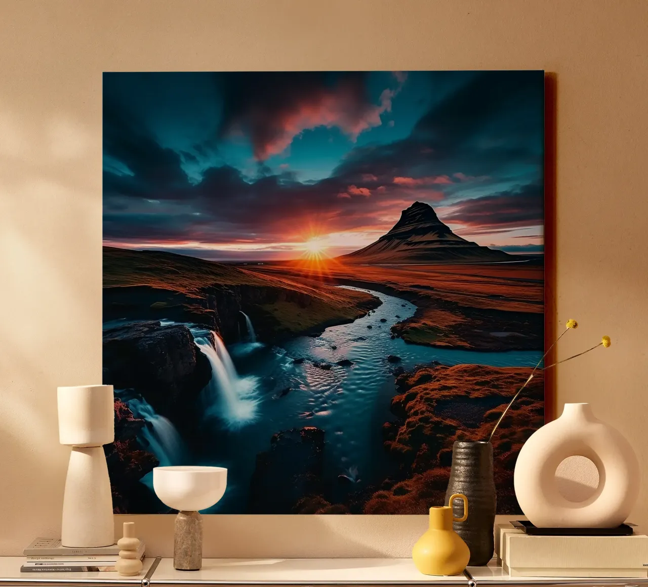 Paisaje islandés al atardecer lienzo con Marco flotante de PhotoVibe Decor