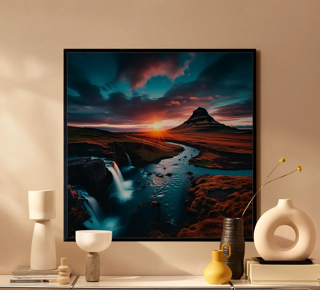 Paesaggio islandese al tramonto poster con telaio in legno da PhotoVibe Decor