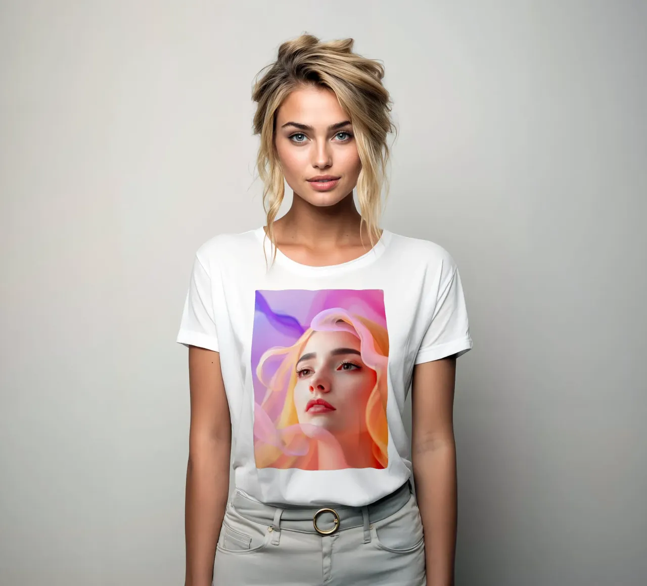 Ritratto astratto e colorato di una donna con capelli fluenti t-shirt da donna da DesignDoodle