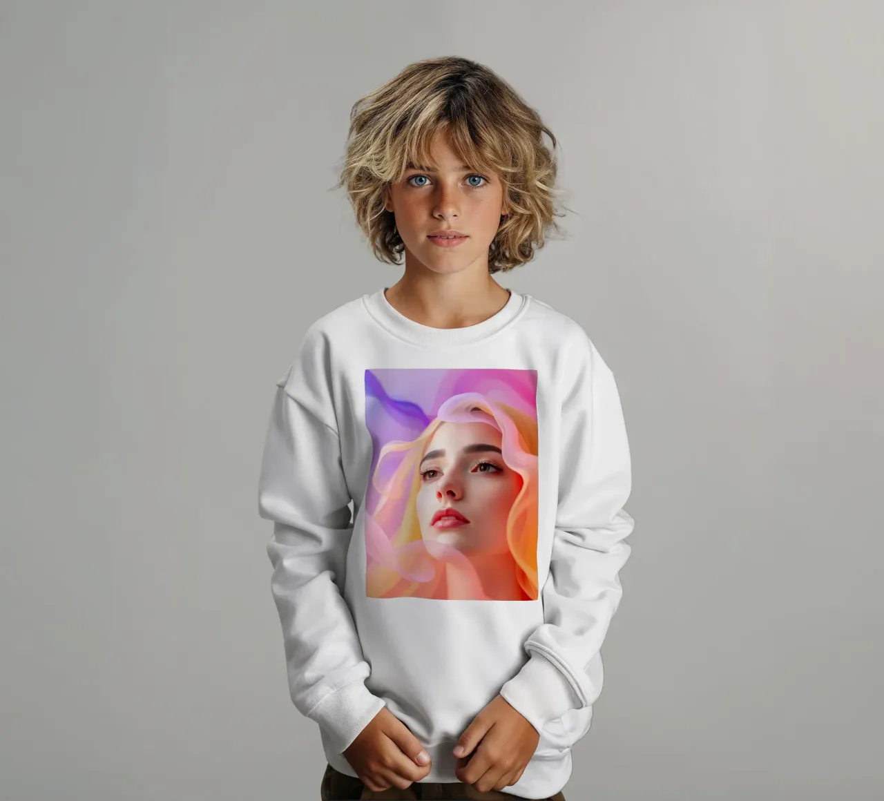 Ritratto astratto e colorato di una donna con capelli fluenti felpa bambino da DesignDoodle