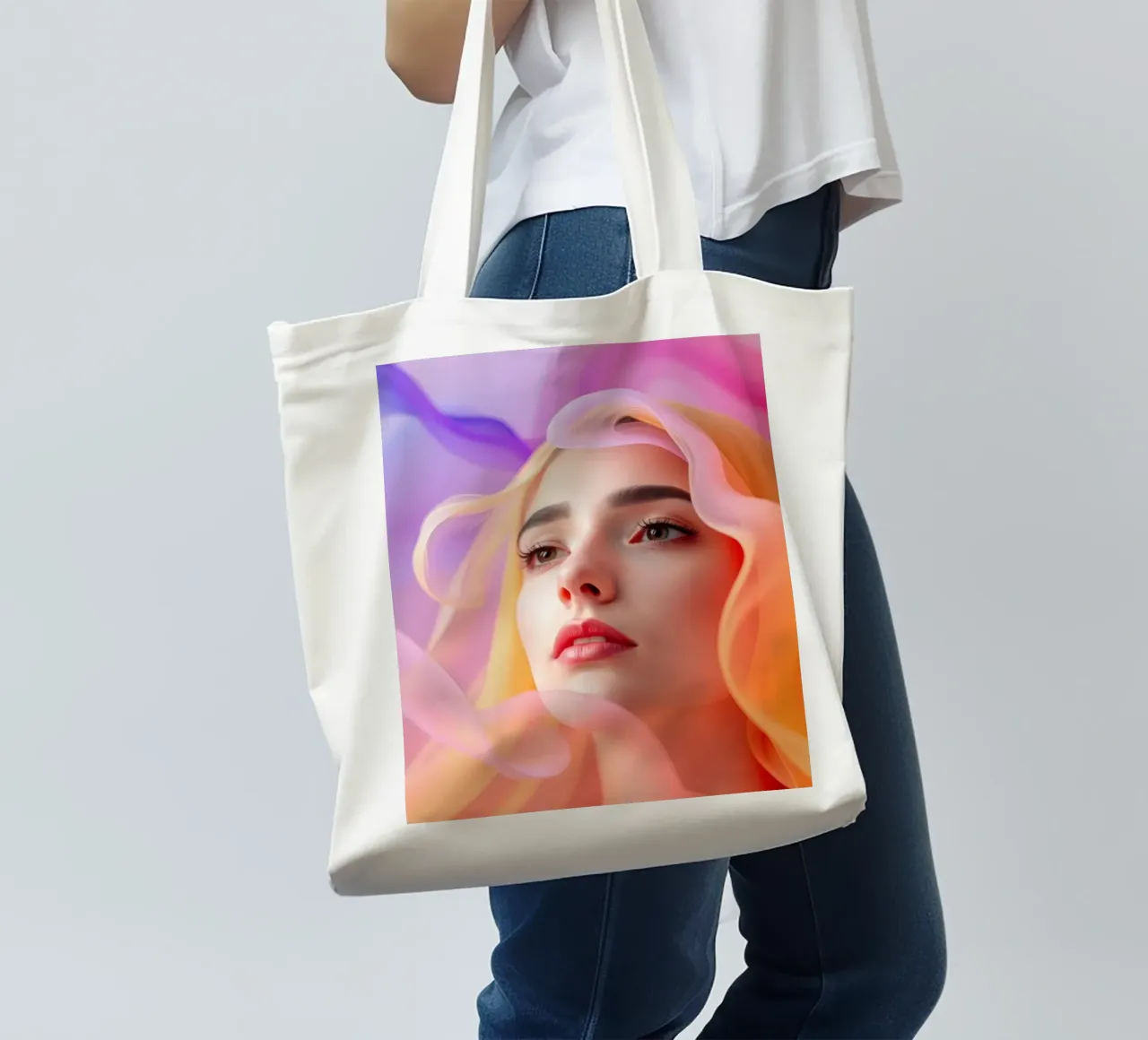 Ritratto astratto e colorato di una donna con capelli fluenti borsa in juta da DesignDoodle