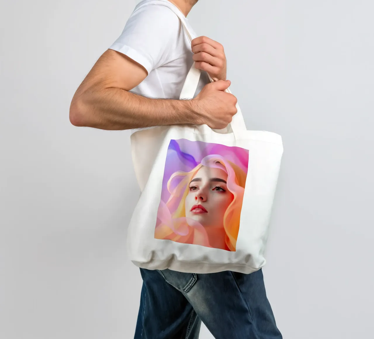 Ritratto astratto e colorato di una donna con capelli fluenti borsa in juta da DesignDoodle