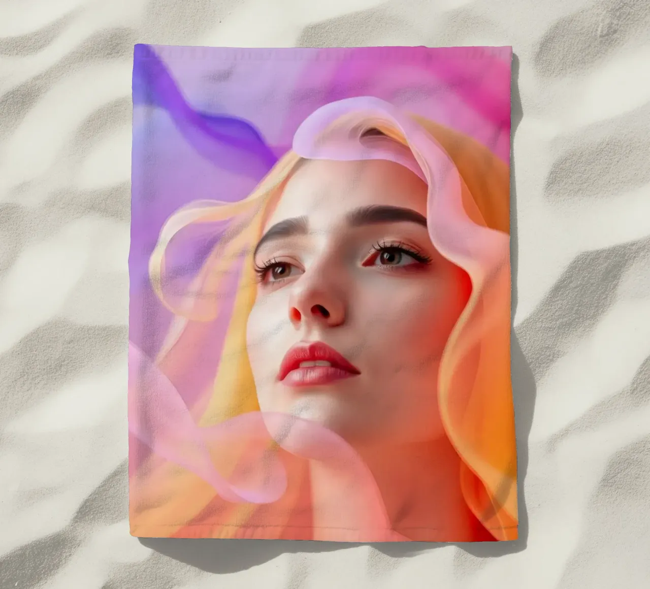 Ritratto astratto e colorato di una donna con capelli fluenti telo mare da DesignDoodle