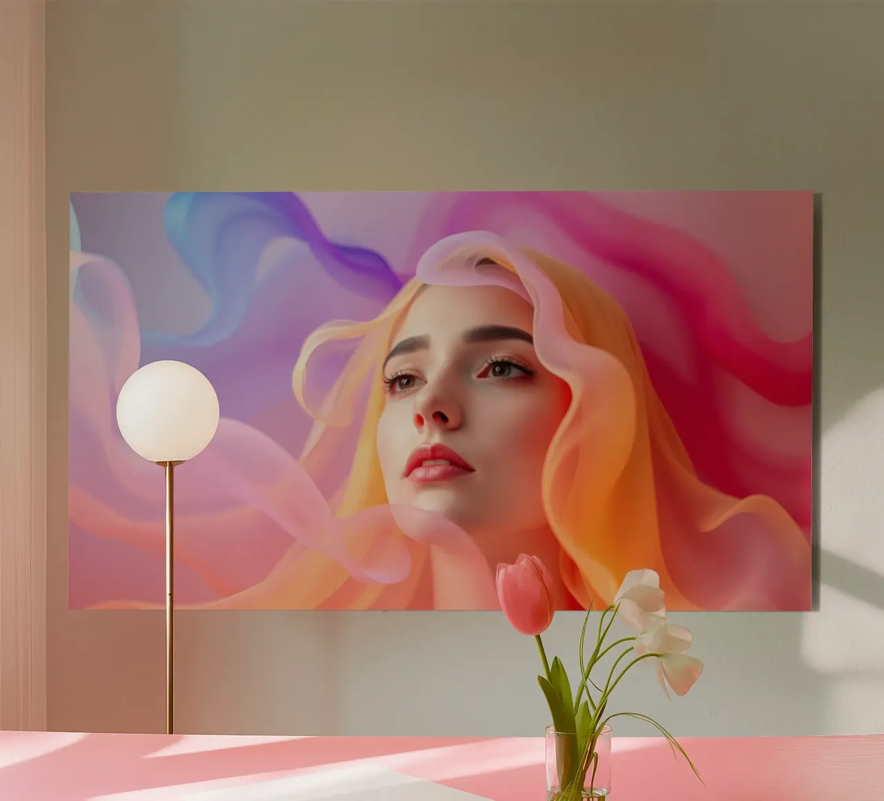 Ritratto astratto e colorato di una donna con capelli fluenti alluminio dibond da DesignDoodle