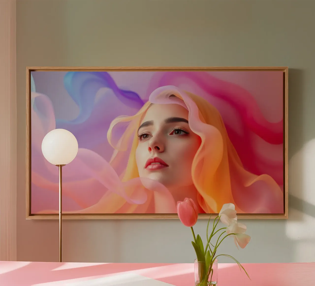 Ritratto astratto e colorato di una donna con capelli fluenti tela da DesignDoodle