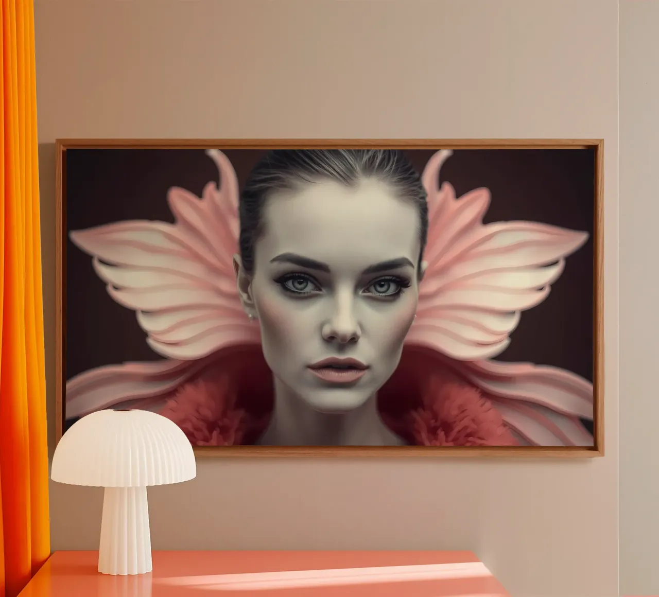 Portrait of a woman with striking features and floral design canvas with Floater frame by DesignDoodle