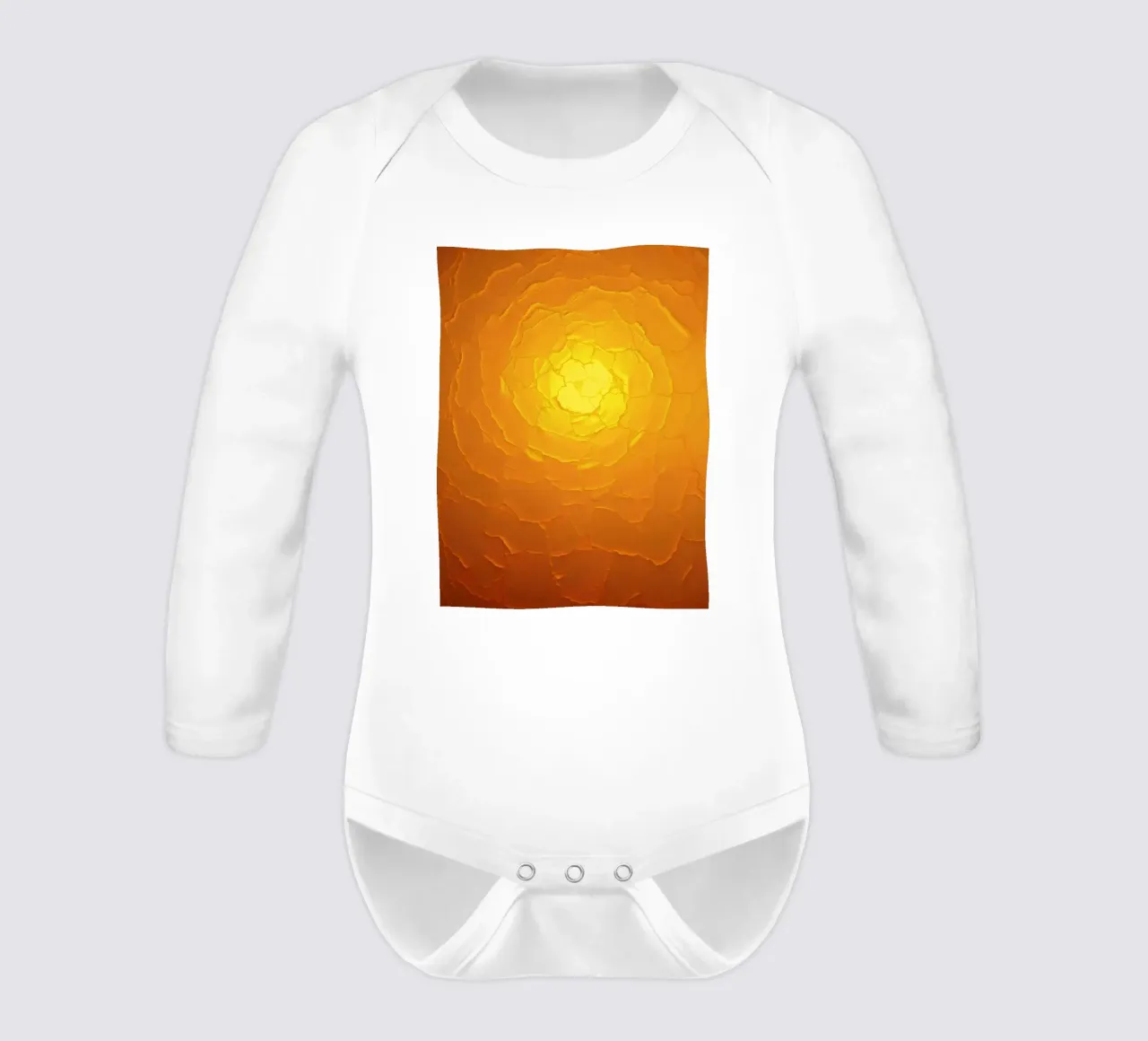 Abstract pattern resembling a warm sun with layered textures long-sleeve baby romper by DesignDoodle