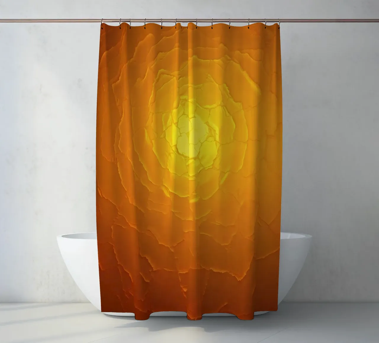 Abstract pattern resembling a warm sun with layered textures shower curtain by DesignDoodle