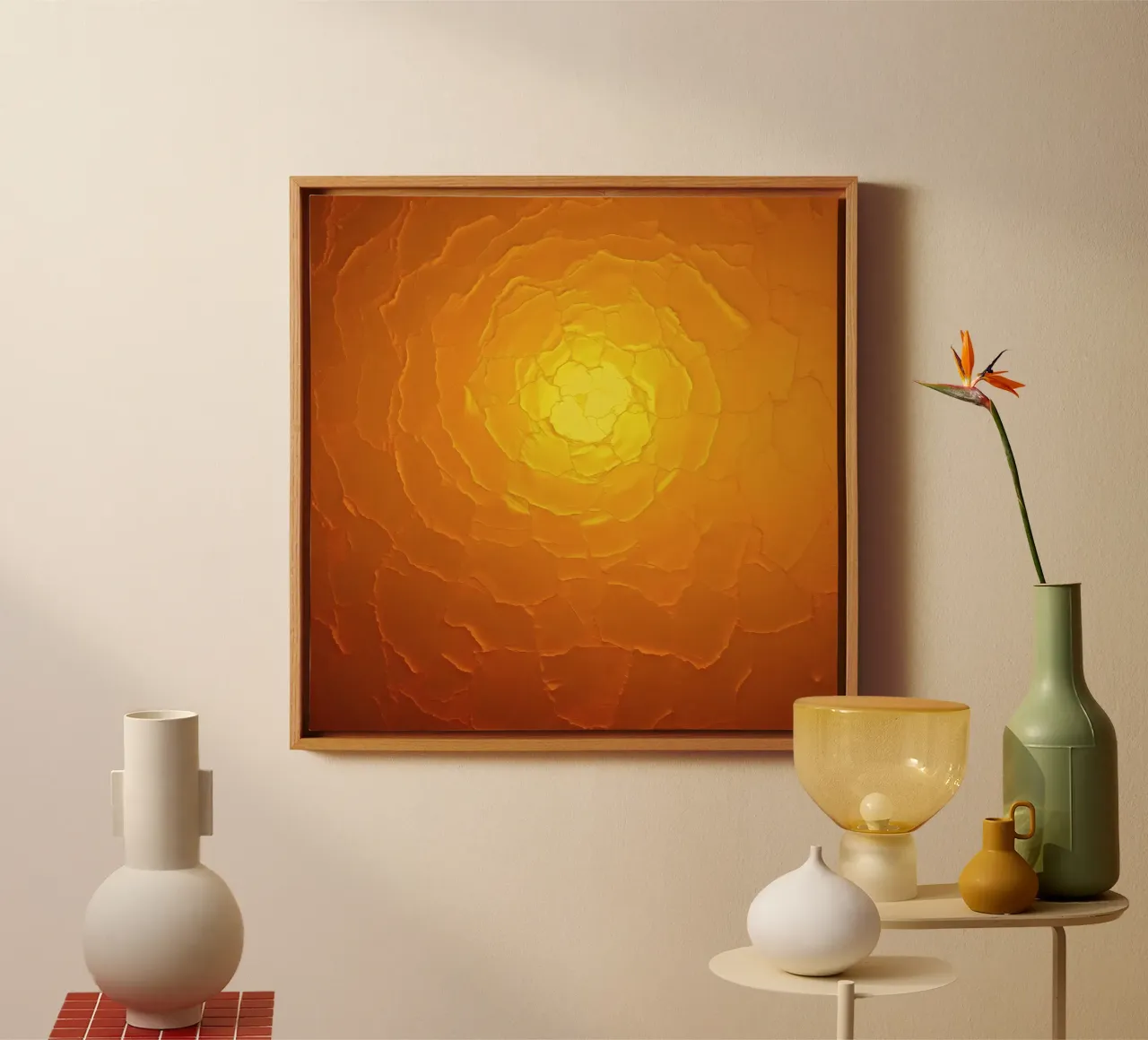 Abstraktes Muster, das einer warmen Sonne mit geschichteten Texturen Àhnelt Leinwand von DesignDoodle