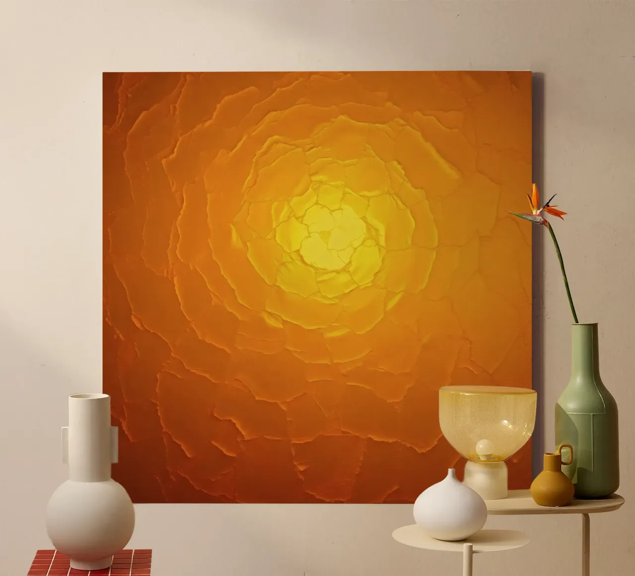 Abstraktes Muster, das einer warmen Sonne mit geschichteten Texturen Àhnelt Leinwand von DesignDoodle