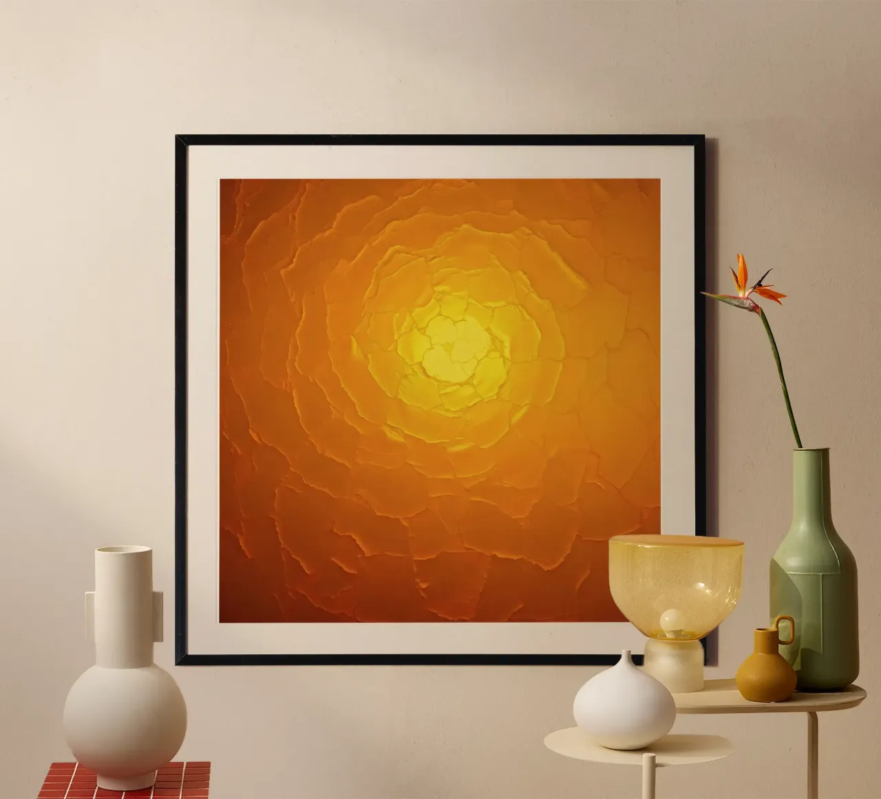Abstract pattern resembling a warm sun with layered textures hahnemühle by DesignDoodle
