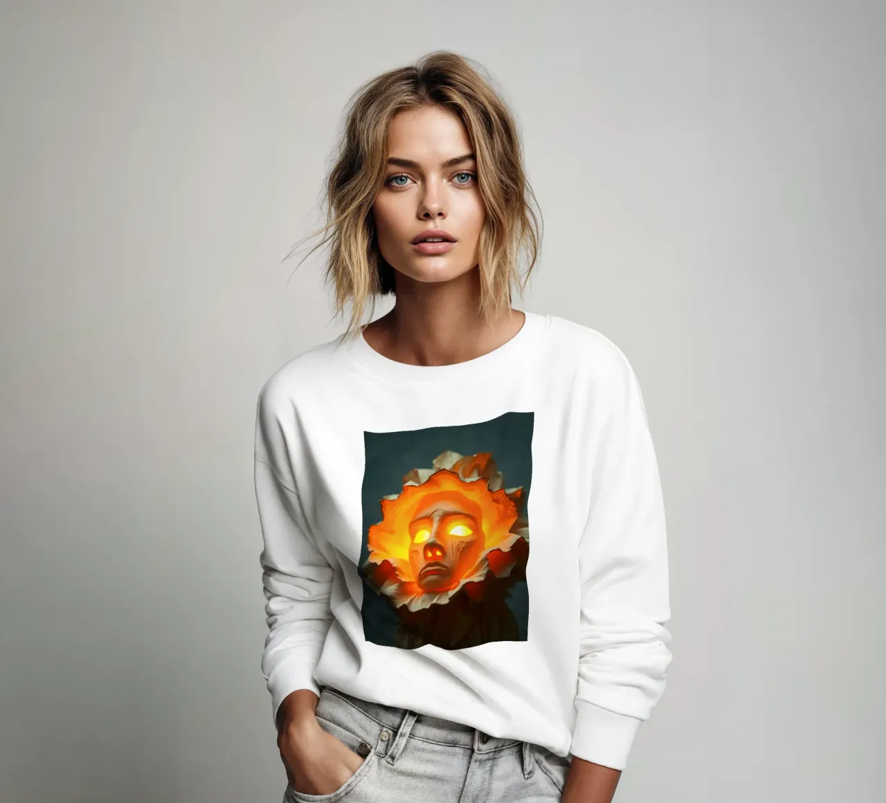 Intricate sculpture of a face surrounded by illuminated sweatshirt by DesignDoodle