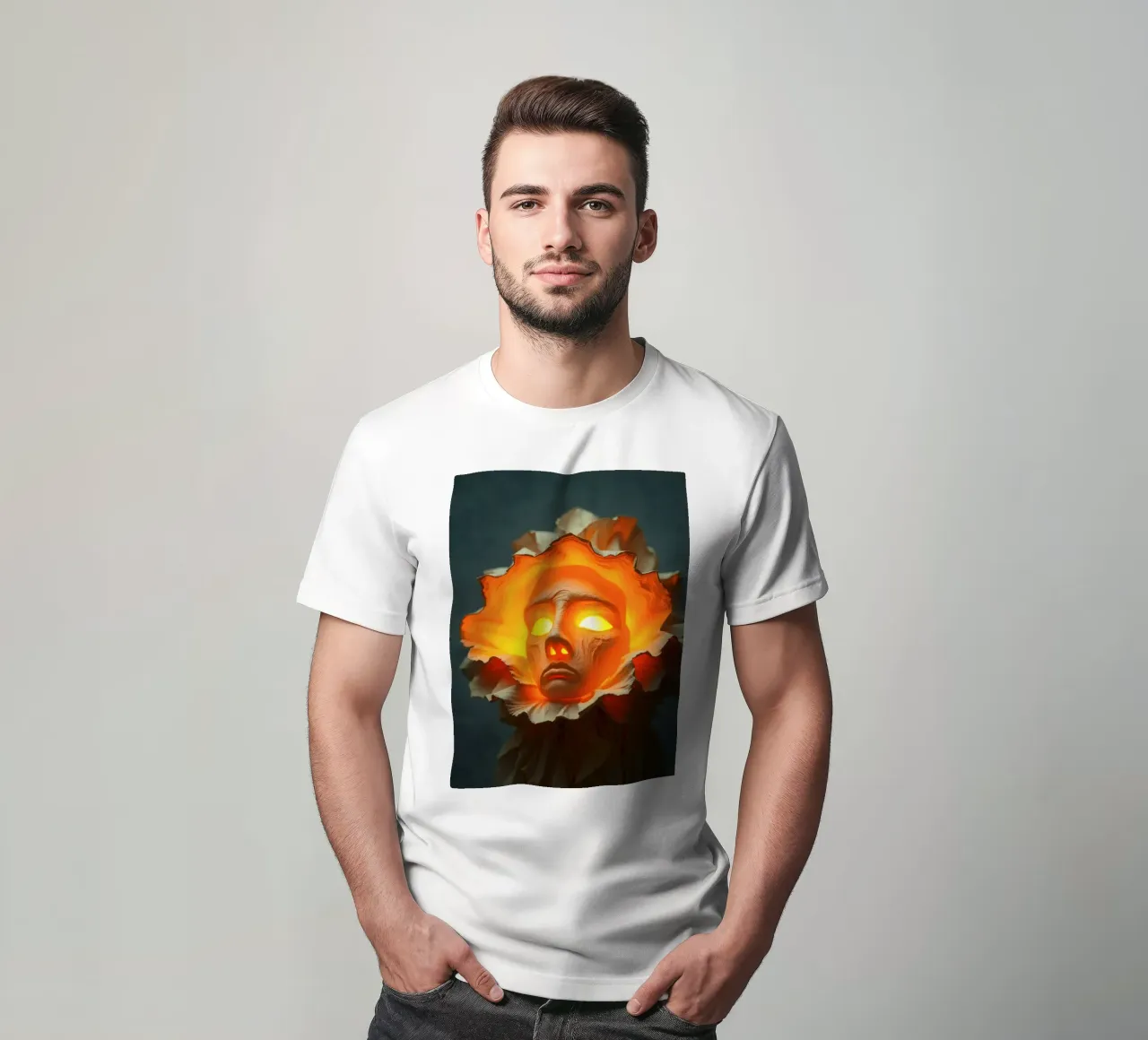 Intricate sculpture of a face surrounded by illuminated t-shirt by DesignDoodle