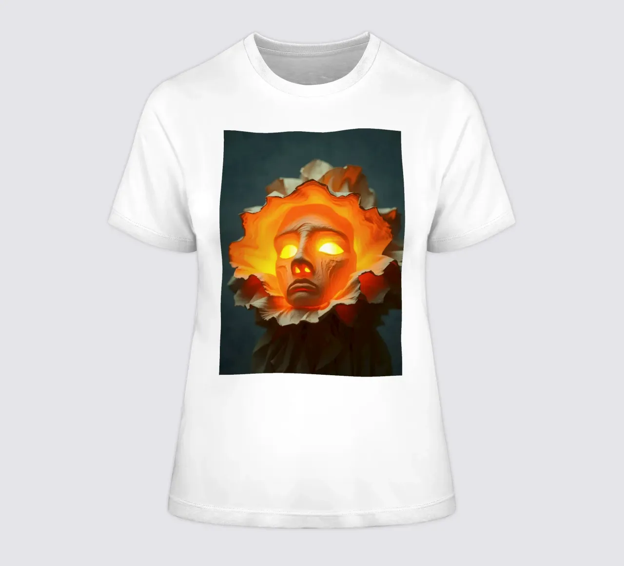 Intricate sculpture of a face surrounded by illuminated women's fitted t-shirt by DesignDoodle