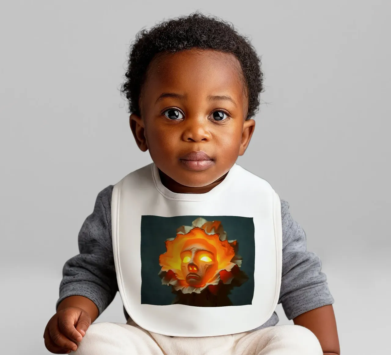 Intricate sculpture of a face surrounded by illuminated baby bib by DesignDoodle