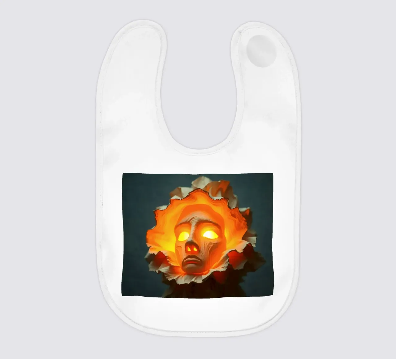 Intricate sculpture of a face surrounded by illuminated baby bib by DesignDoodle
