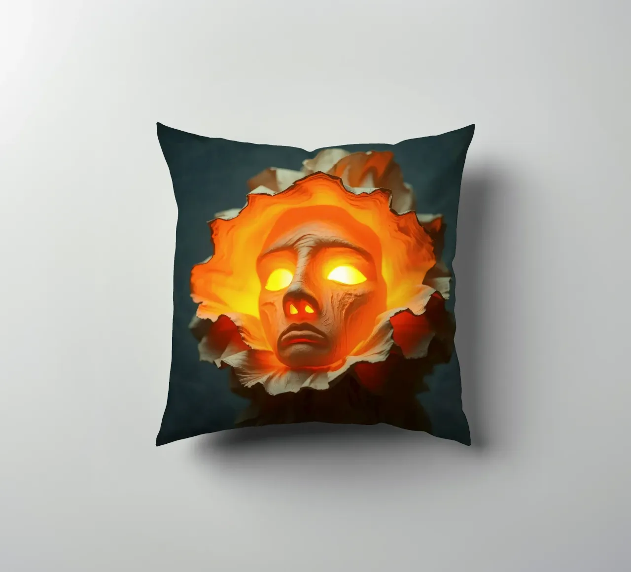 Intricate sculpture of a face surrounded by illuminated decorative cushion by DesignDoodle