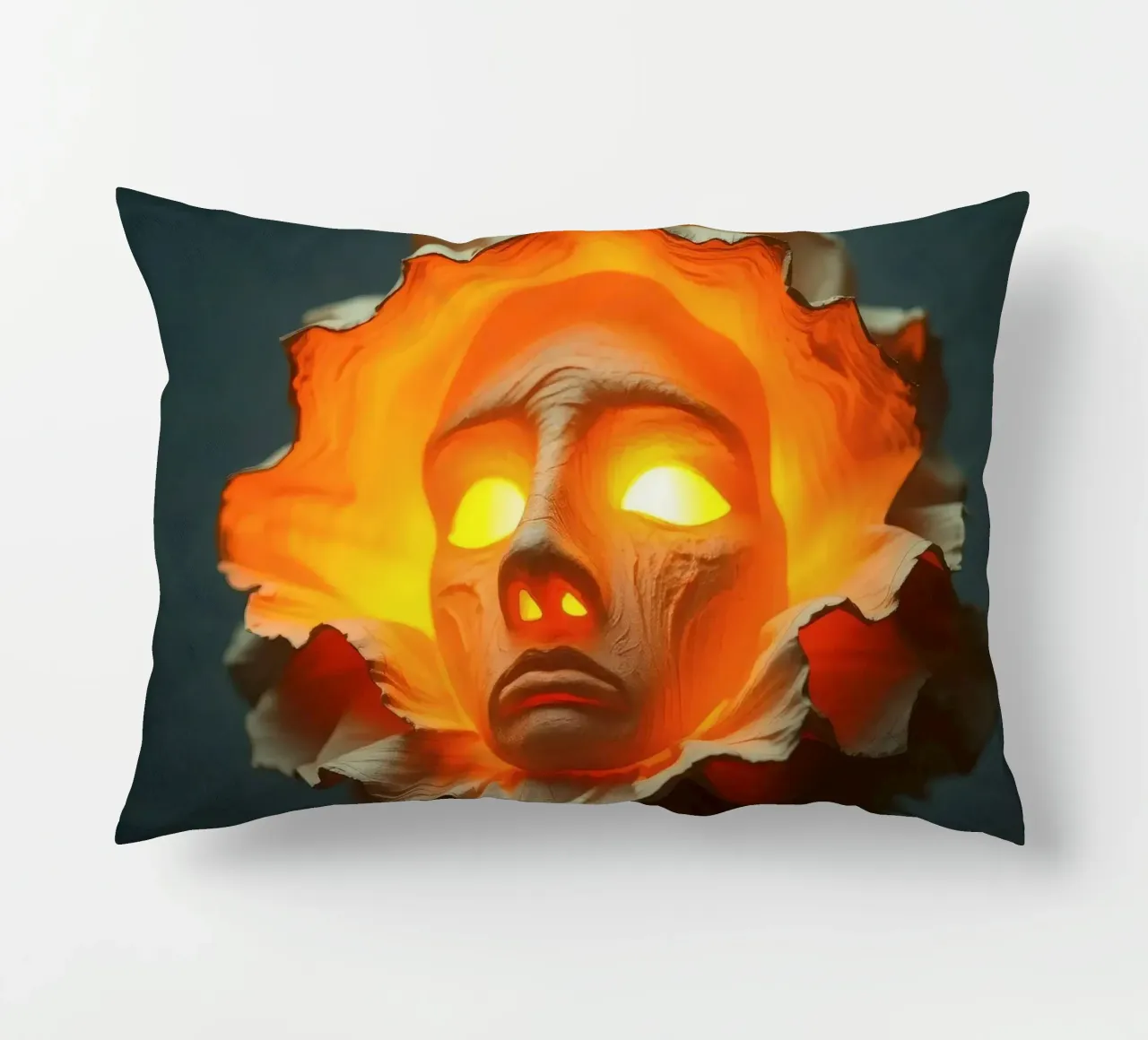 Intricate sculpture of a face surrounded by illuminated decorative cushion by DesignDoodle