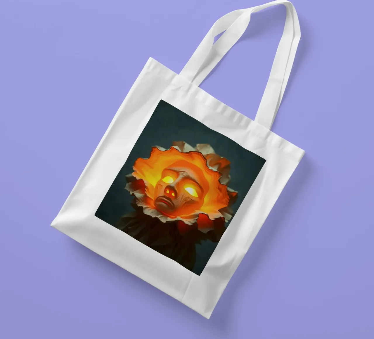 Intricate sculpture of a face surrounded by illuminated tote bag by DesignDoodle