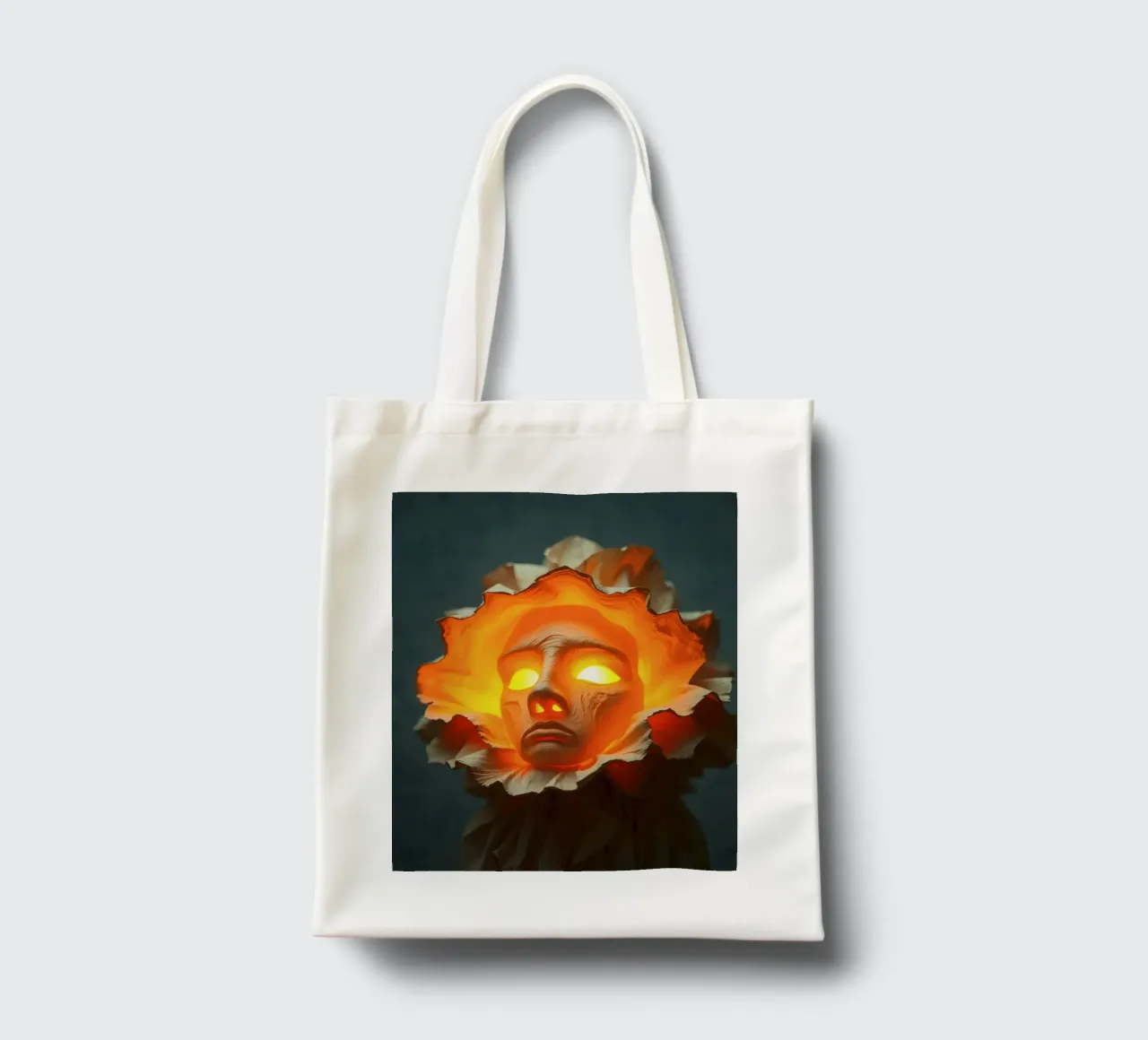Intricate sculpture of a face surrounded by illuminated tote bag by DesignDoodle