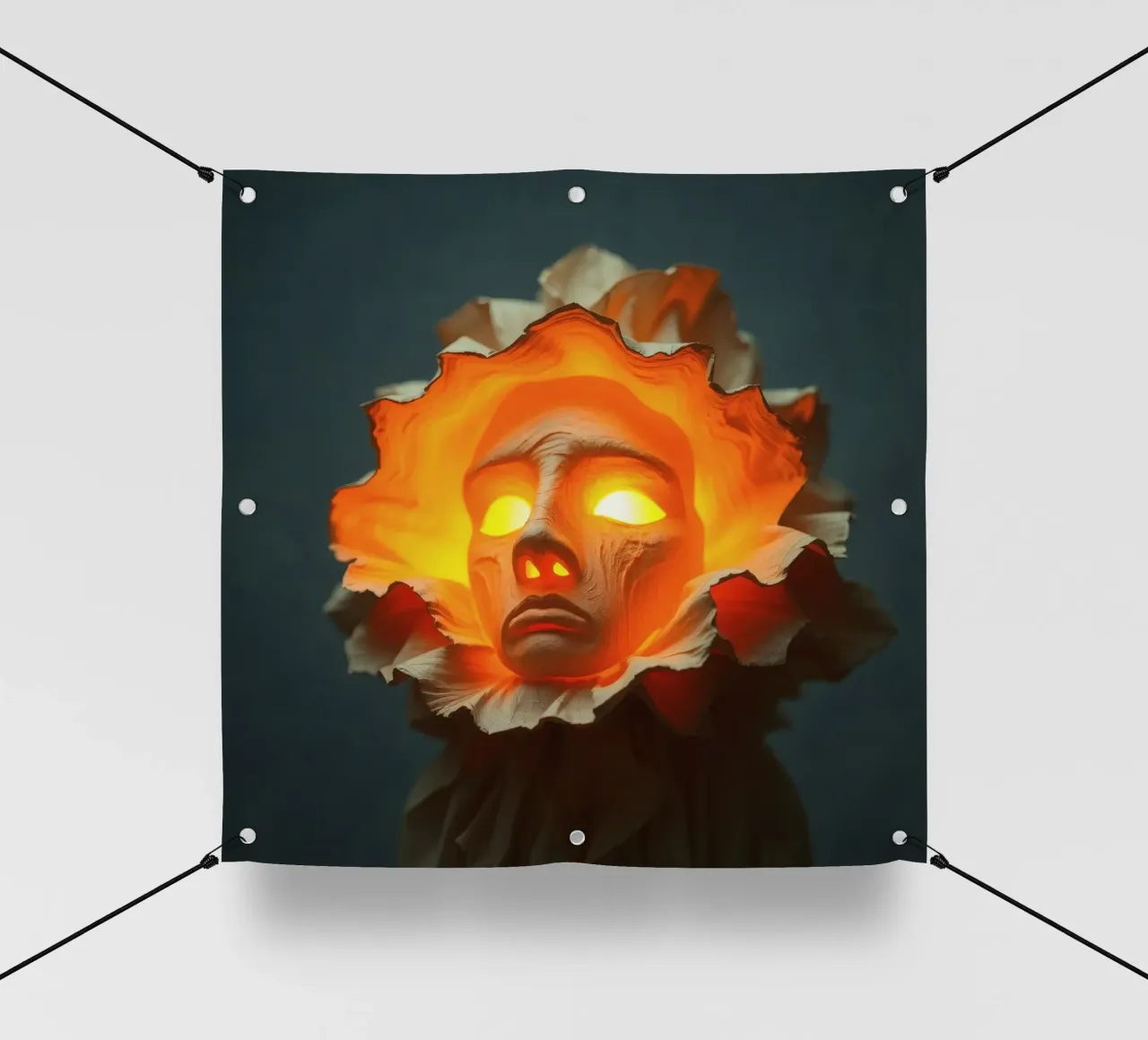 Komplizierte Skulptur eines Gesichts, umgeben von beleuchteten PVC Plane von DesignDoodle