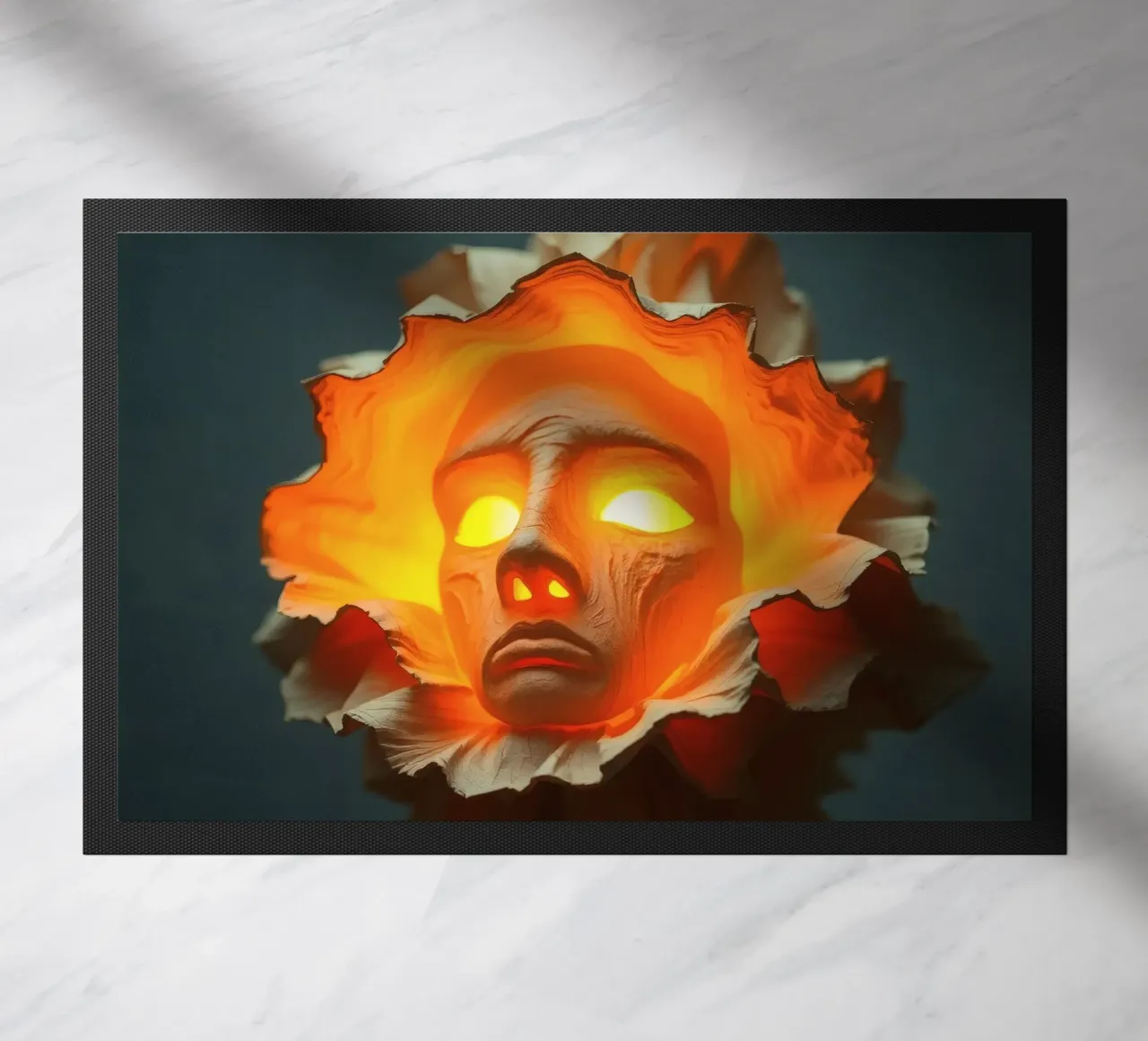 Intricate sculpture of a face surrounded by illuminated doormat by DesignDoodle