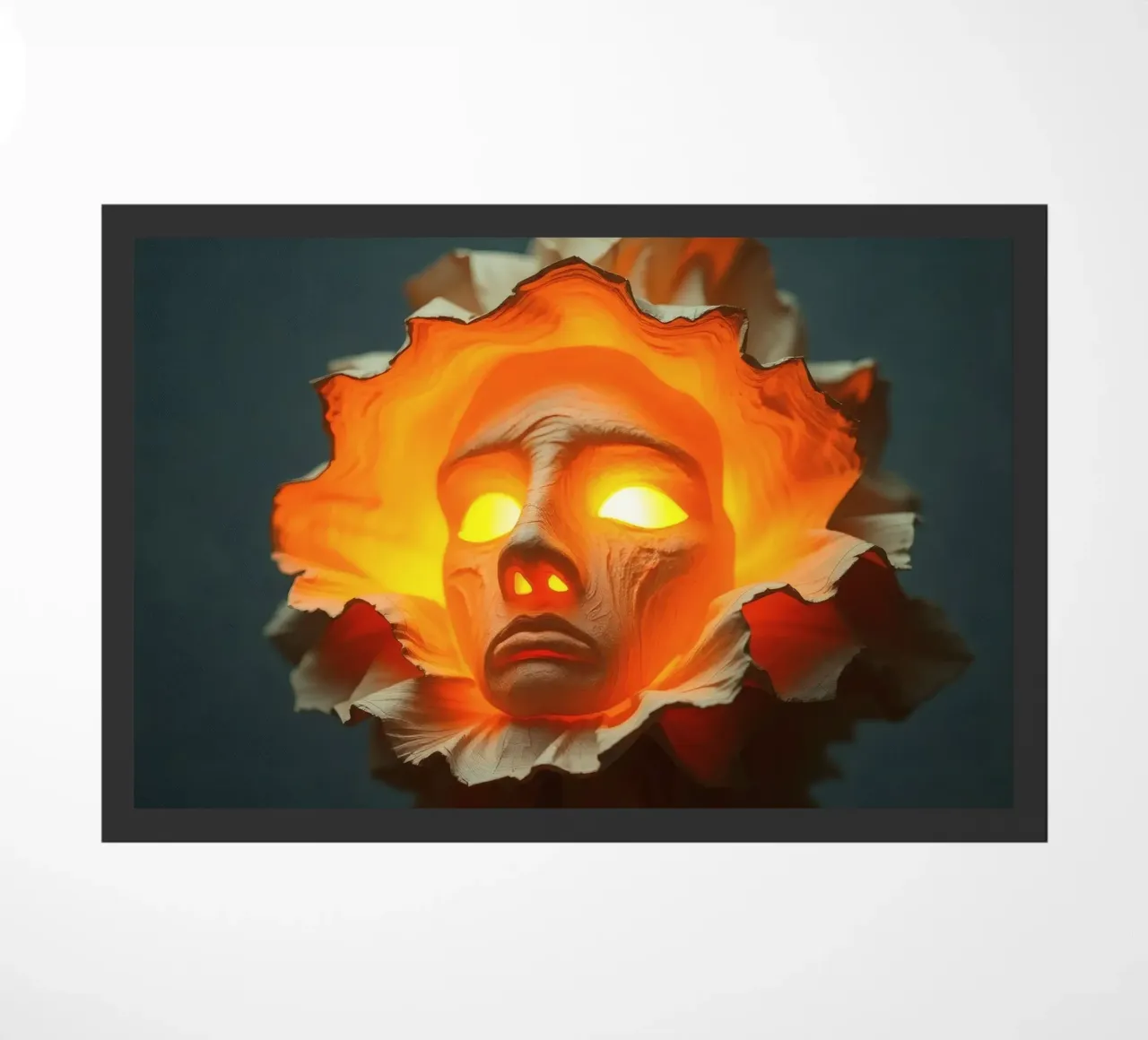 Intricate sculpture of a face surrounded by illuminated doormat by DesignDoodle