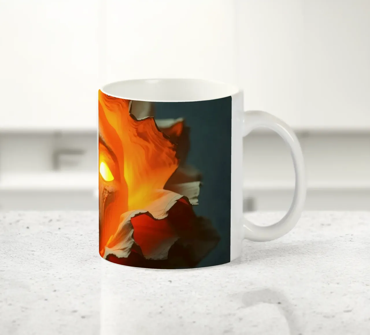 Intricate sculpture of a face surrounded by illuminated ceramic mug by DesignDoodle