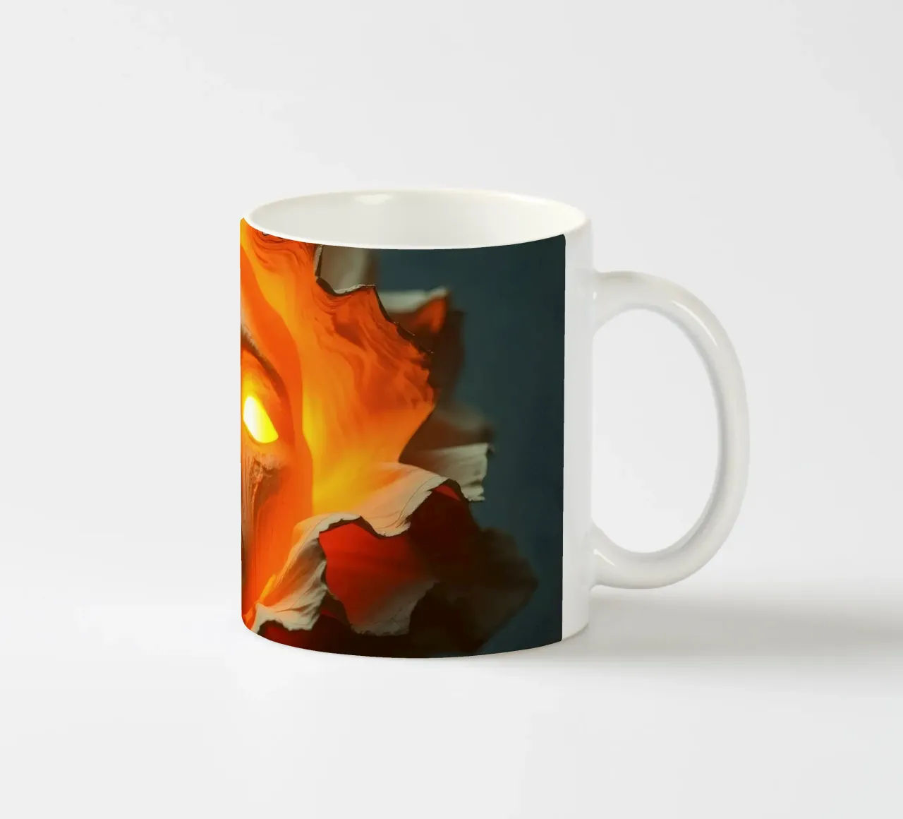 Intricate sculpture of a face surrounded by illuminated ceramic mug by DesignDoodle